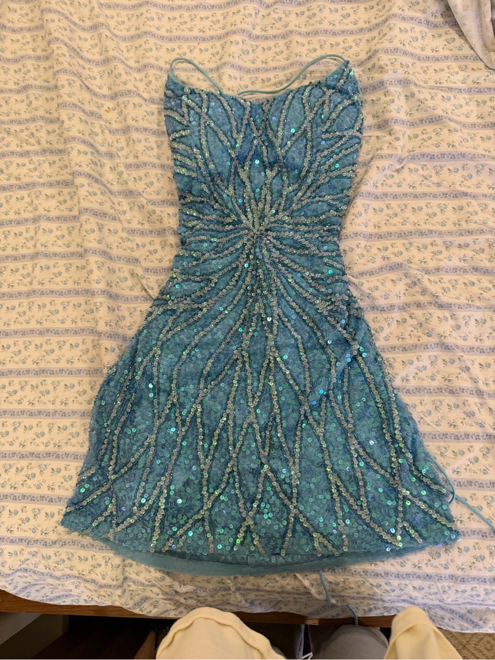 Primavera Couture Aqua Iridescent Sequin Beaded Mini Dress Size 4